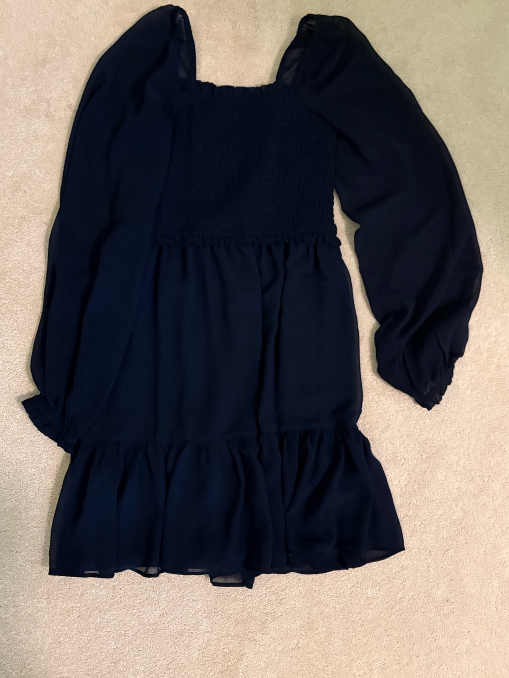 Navy Long-Sleeve Smocked Tiered Dress